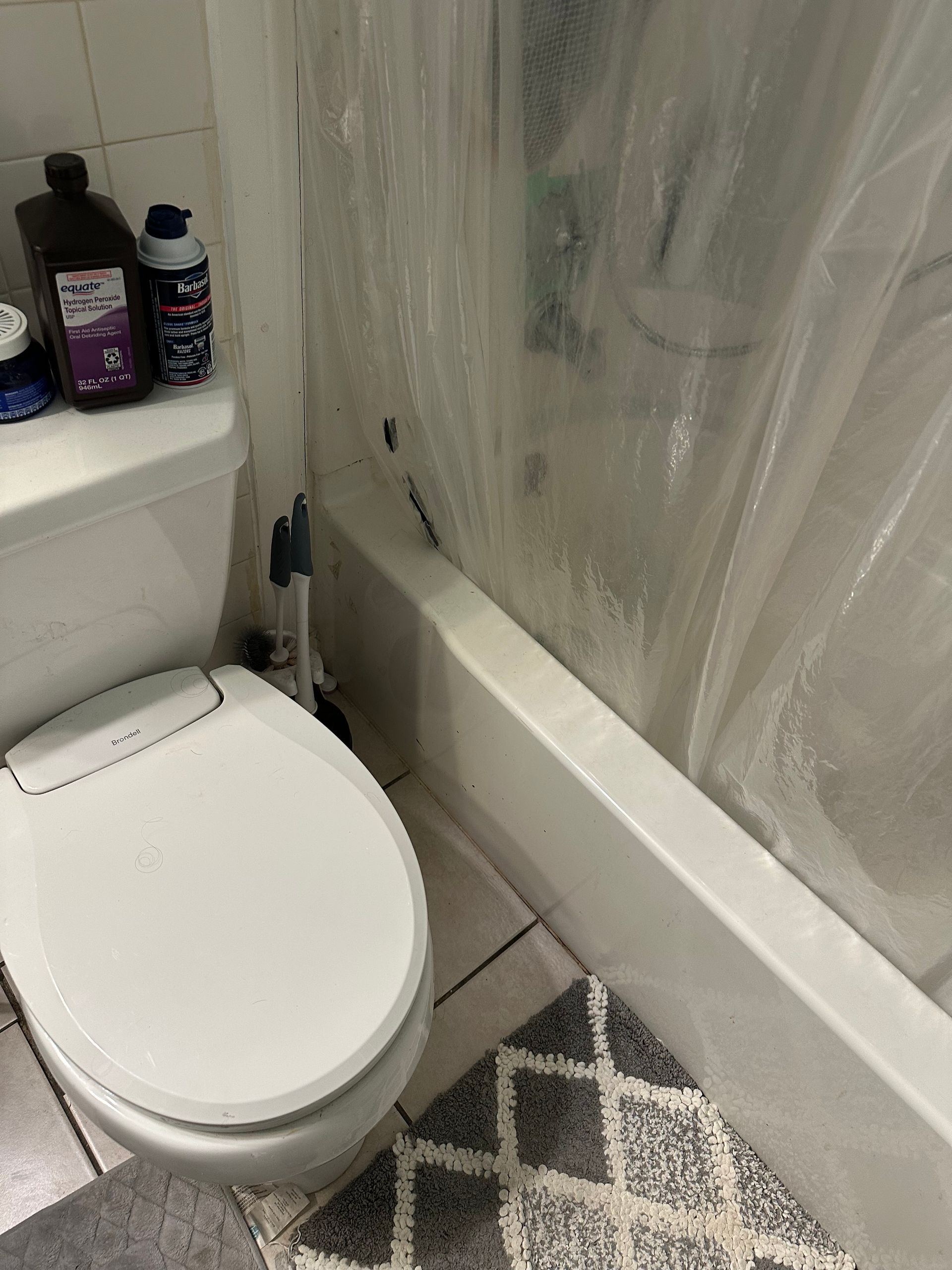 Bathroom with toilet, bathtub edge, and shower curtain beside a gray patterned rug.