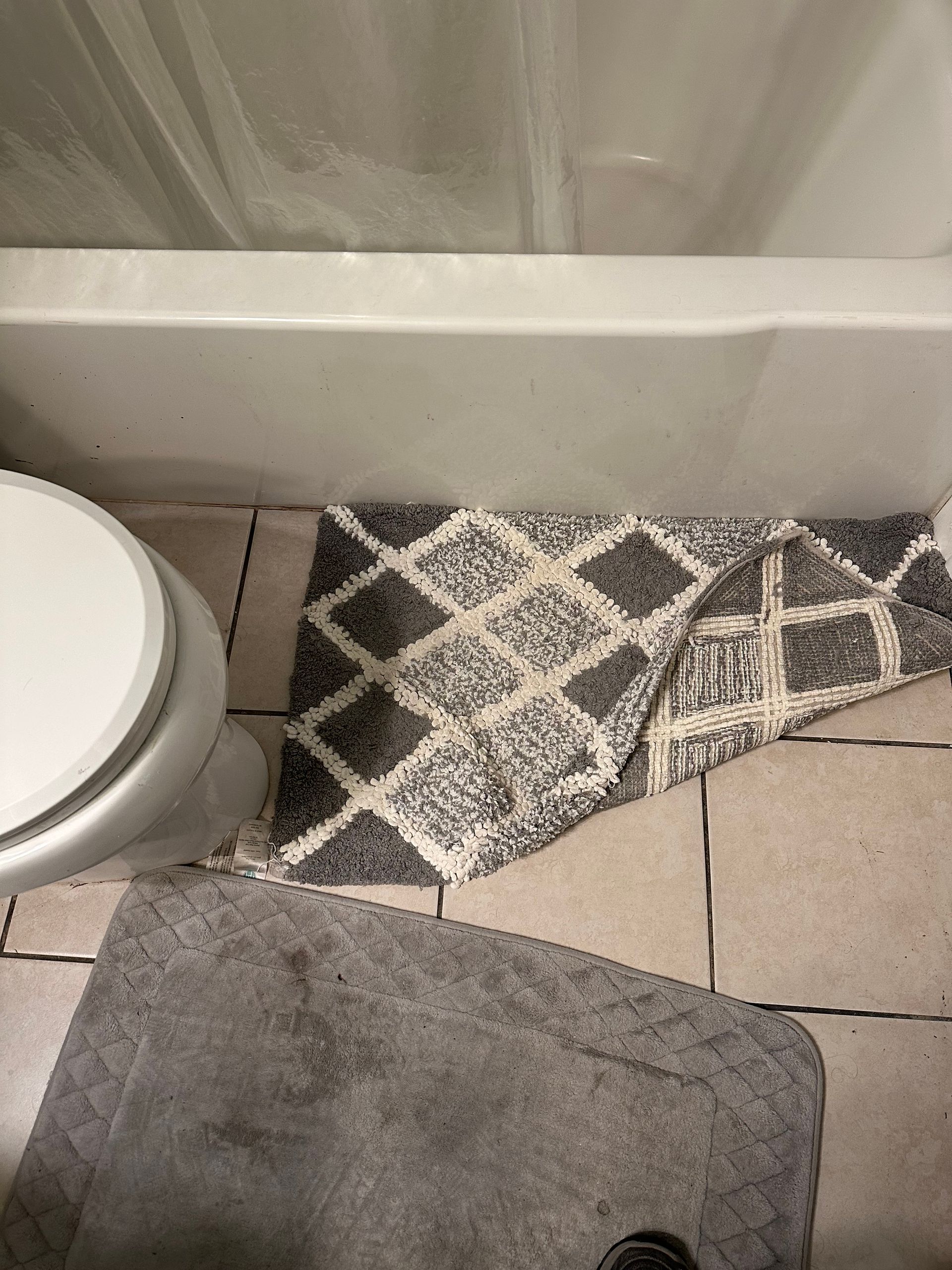 Bathroom floor with toilet edge, gray bath mat, and patterned rug beside a tub.