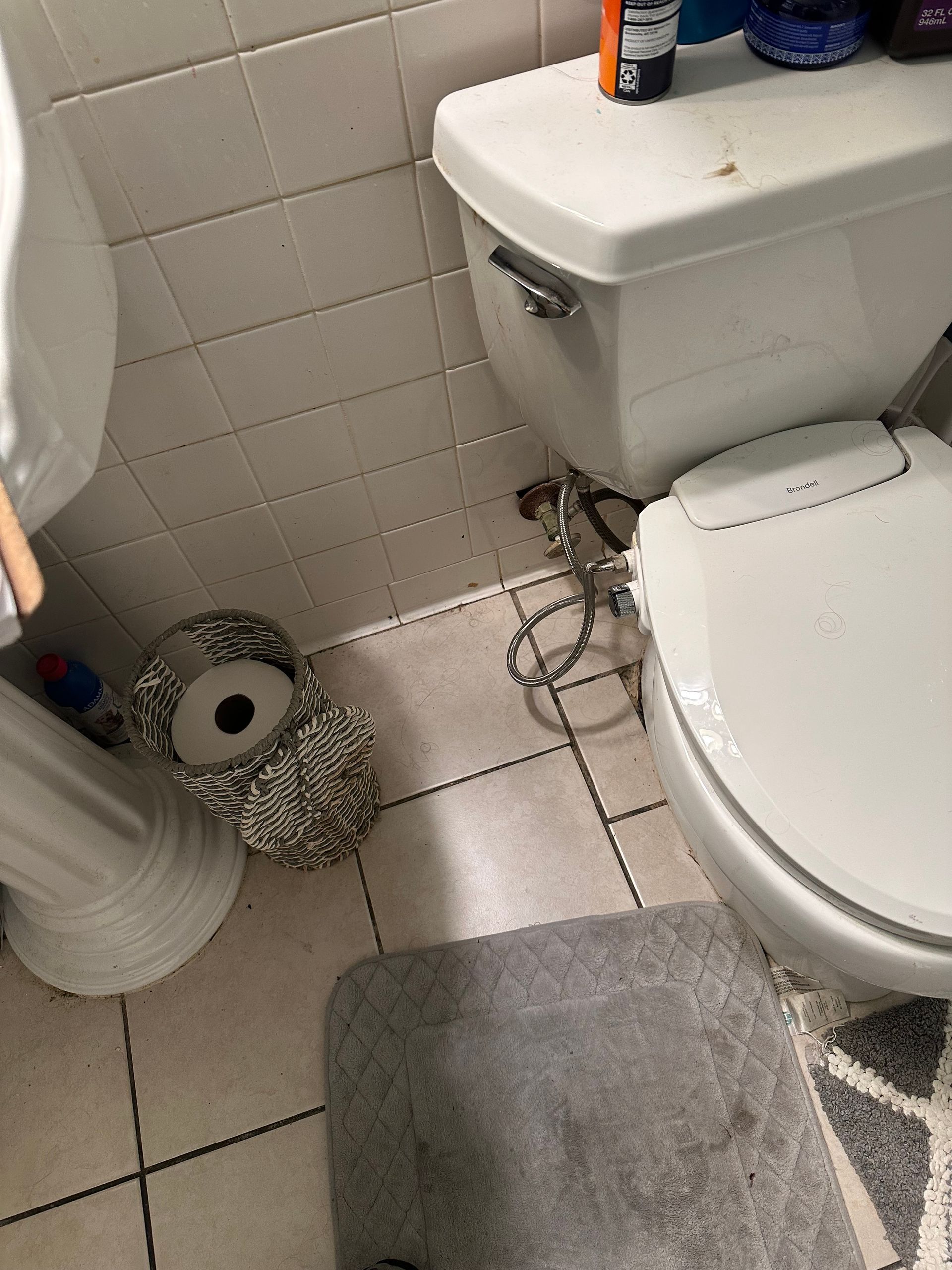 Small bathroom with toilet, sink, gray rug, cleaning supplies, and a mop head on the floor.