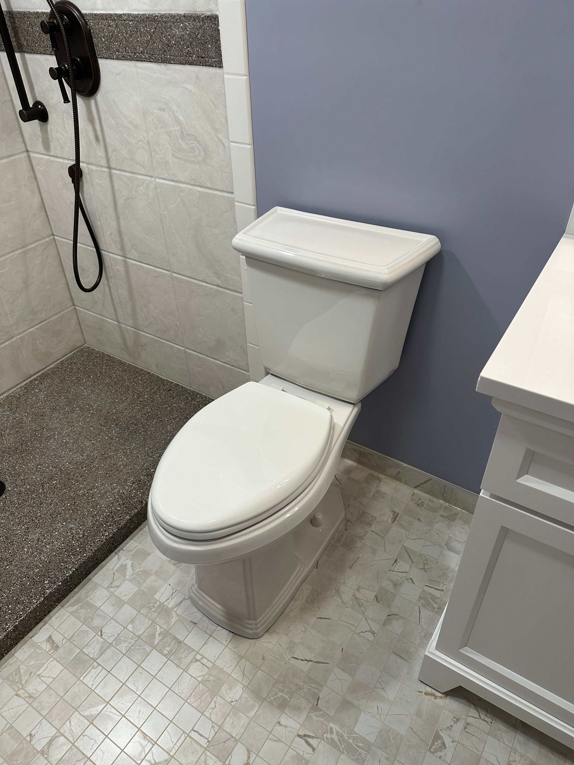 Bathroom with a white toilet against a gray wall and tiled floor, beside a shower and vanity.