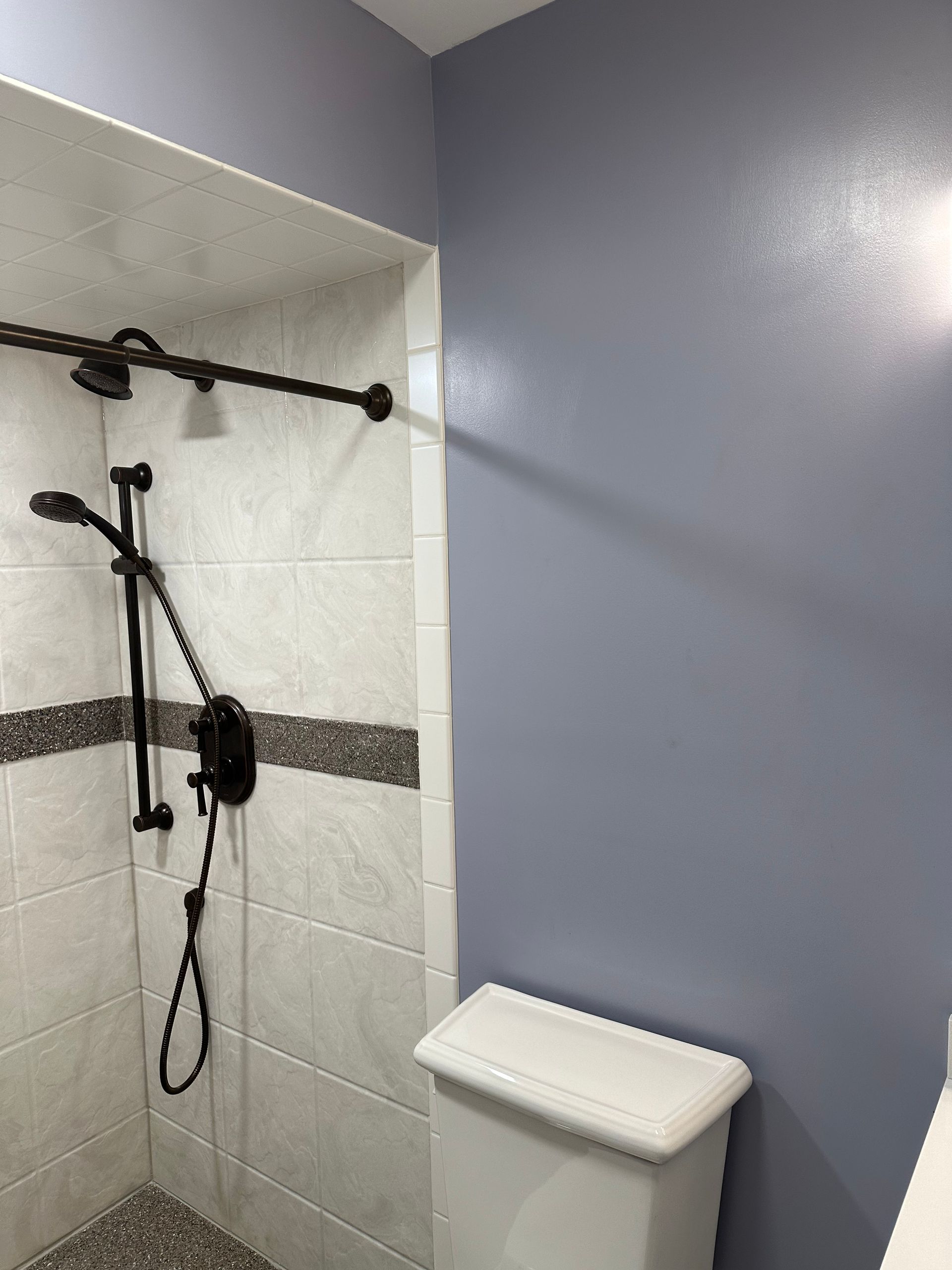 Accessible bathroom shower with grab bar, black shower fixtures, and a white toilet against a blue wall