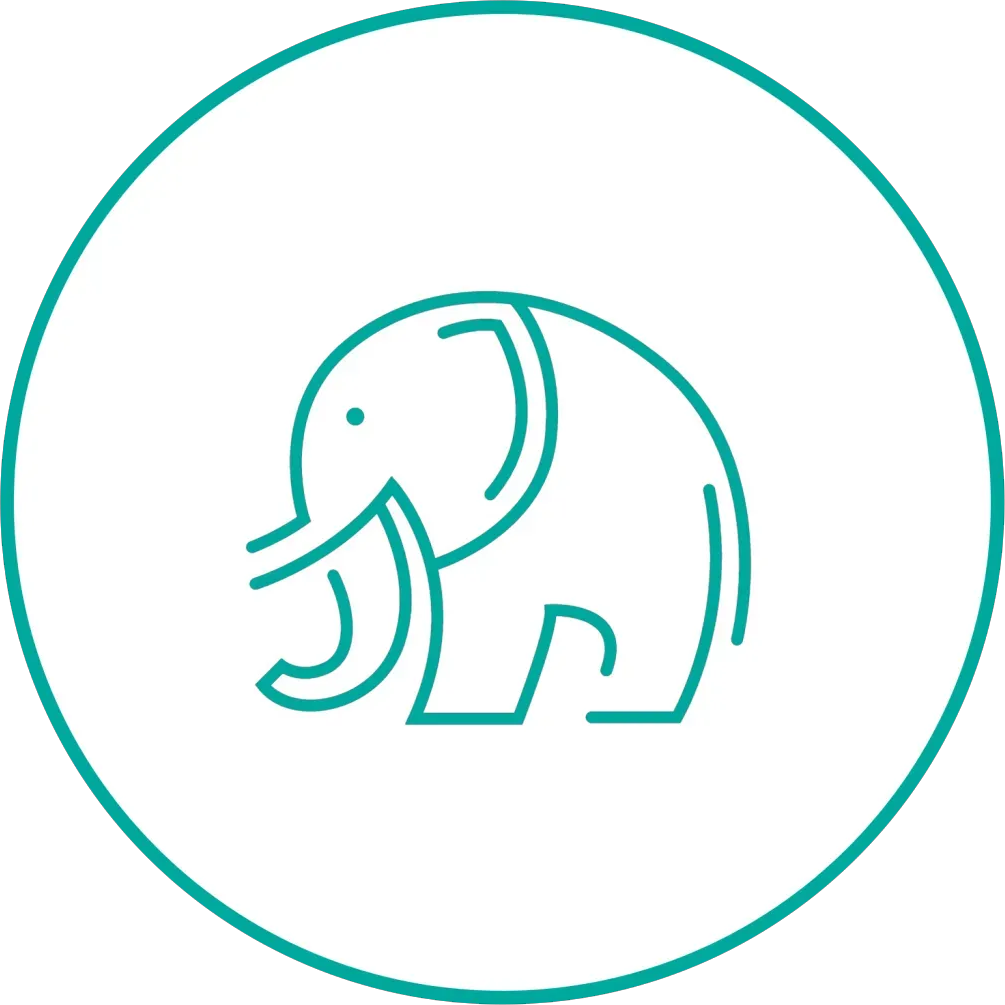 Teal line-art elephant inside a teal circle on a white background