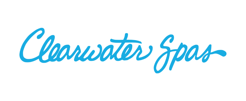 Clearwater Spas logo in light blue script on a white background