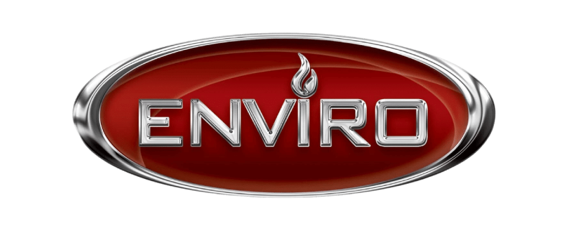 Enviro logo in red oval with metallic silver border and white lettering