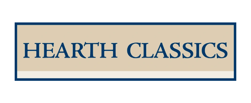 Hearth Classics logo in blue serif text on a beige and white rectangular background with a blue border