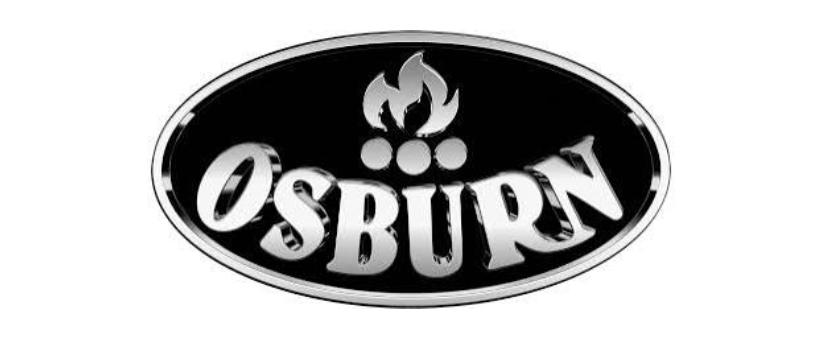 Black oval OSBURN logo with white text and a flame icon above it