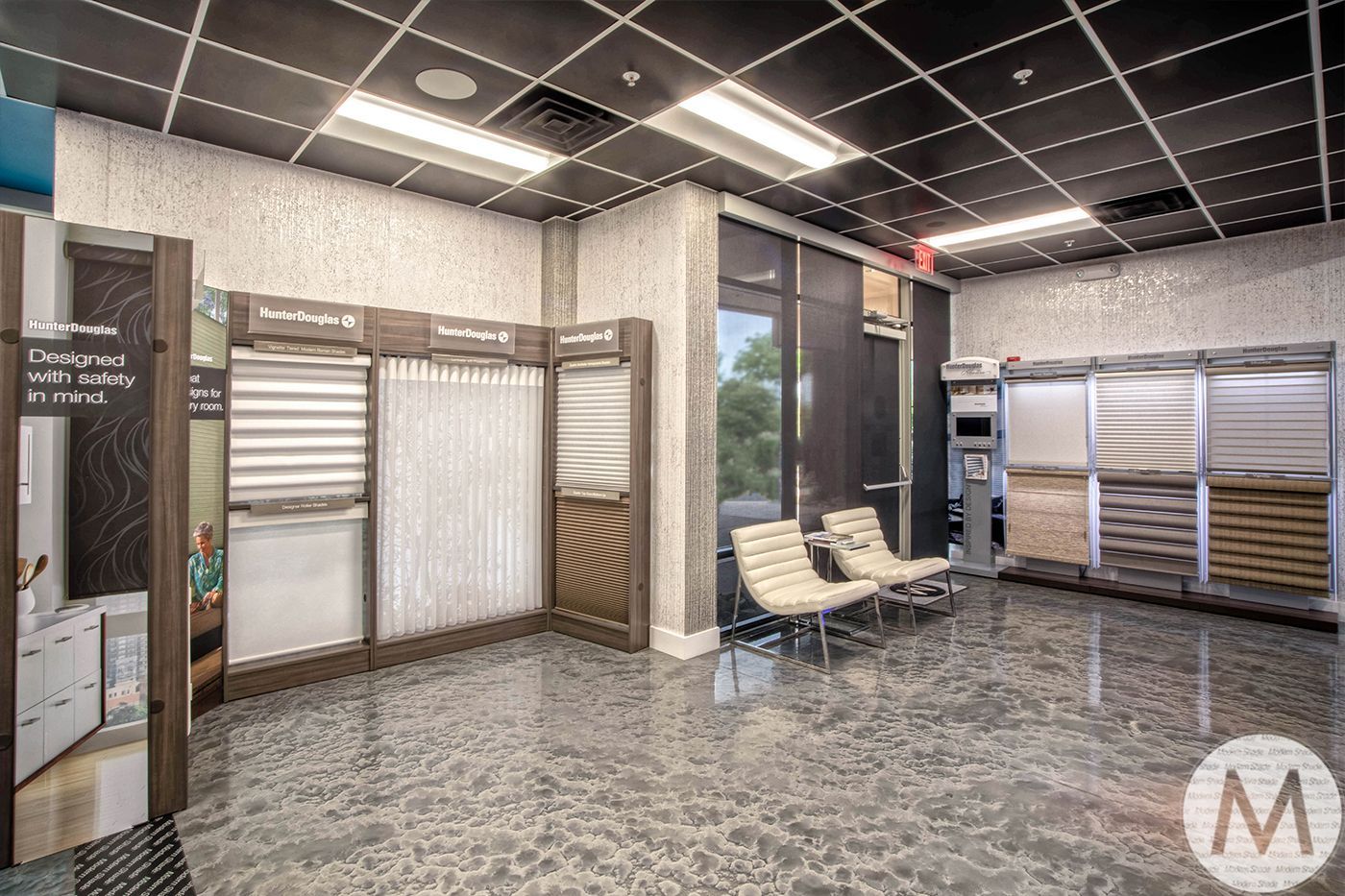 Interior showroom with blinds display, shiny floor, waiting area, and large windows.