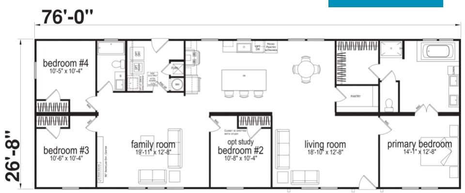 Floor plan of a home with bedrooms, bathrooms, a kitchen, a dining area, and living spaces.