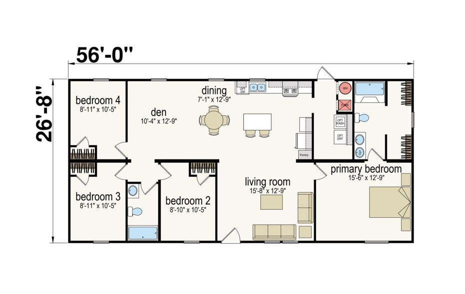 Floor plan of a rectangular house with four bedrooms, a den, living room, and dining area.
