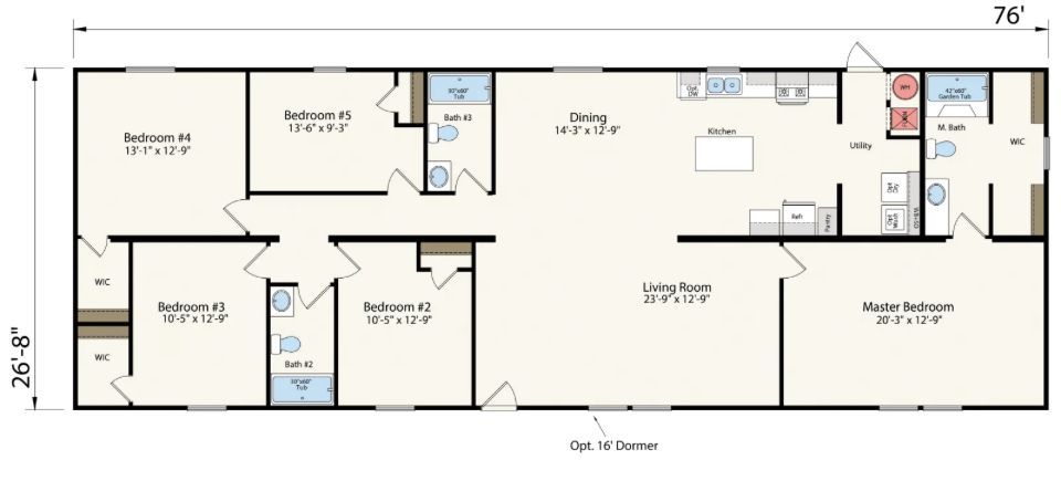 Floor plan of a house with four bedrooms, kitchen, living room, and two bathrooms.
