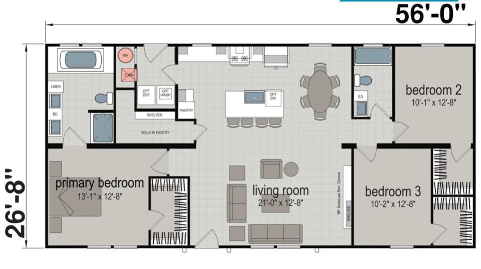 Floor plan of a rectangular house with three bedrooms, a living room, dining area, kitchen, and two bathrooms.