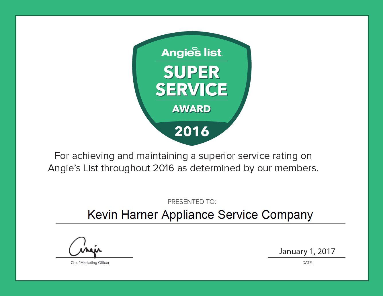 2016 Certificate for Appliance Repair