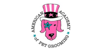 Logo for American Academy of Pet Grooming: pink dog with top hat, surrounded by text.