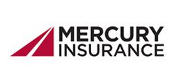 The logo for mercury insurance is red and black with a red arrow.