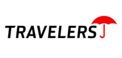 A logo for travelers j with a red umbrella on a white background.