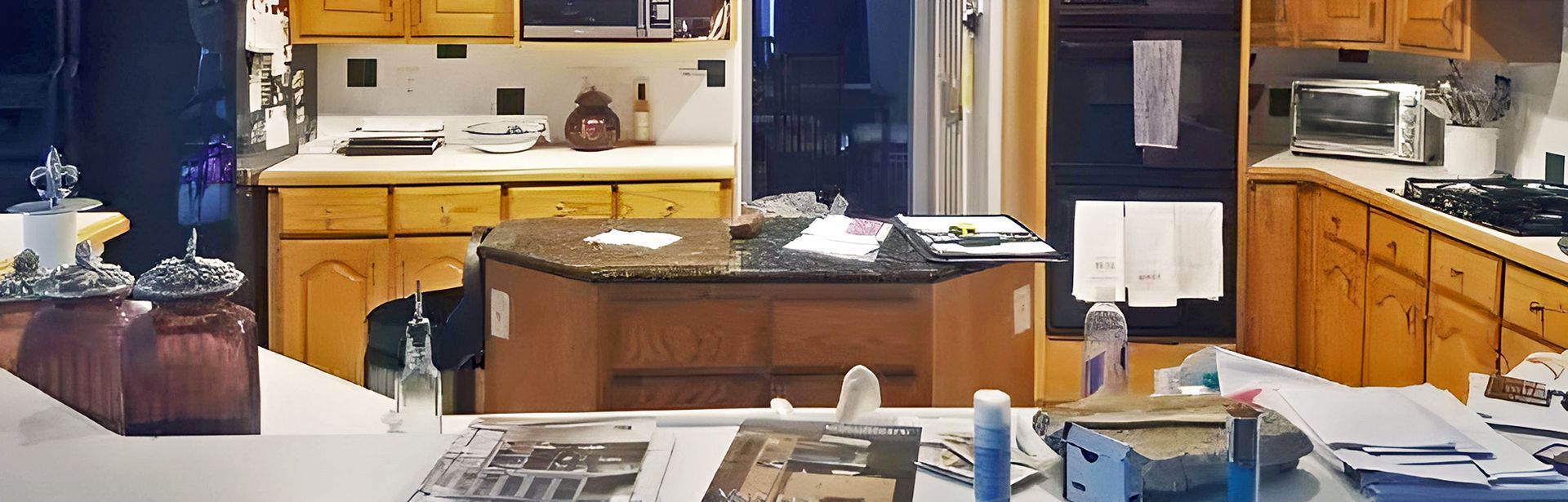 Kitchen with wooden cabinets, countertops, island, and various appliances. - Before