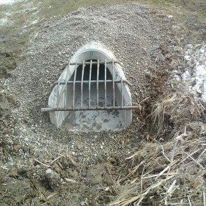 A drain with a metal grate is sitting in the dirt.