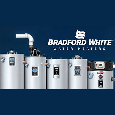 Several Bradford White water heaters in a row, with the company logo on a blue background.