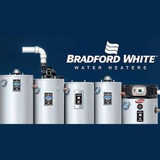 Several Bradford White water heaters in a row, with the company logo on a blue background.