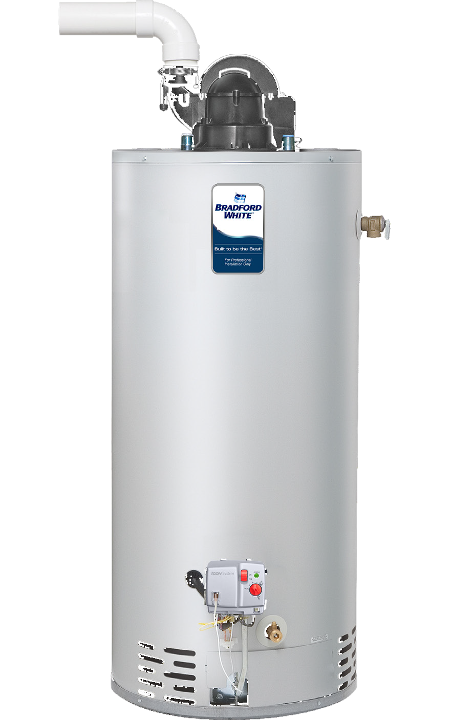 Tall, silver water heater with white PVC exhaust pipe.