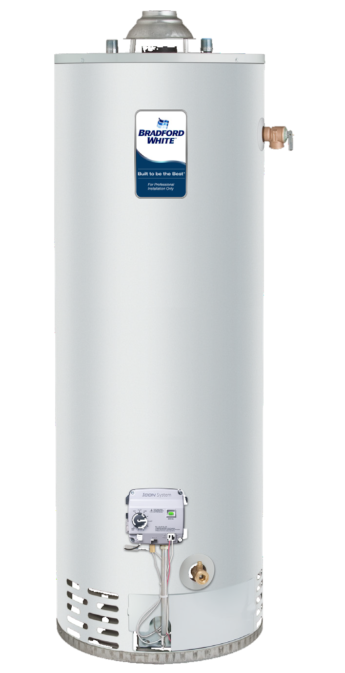 White, tall gas water heater with control panel and vent on top.