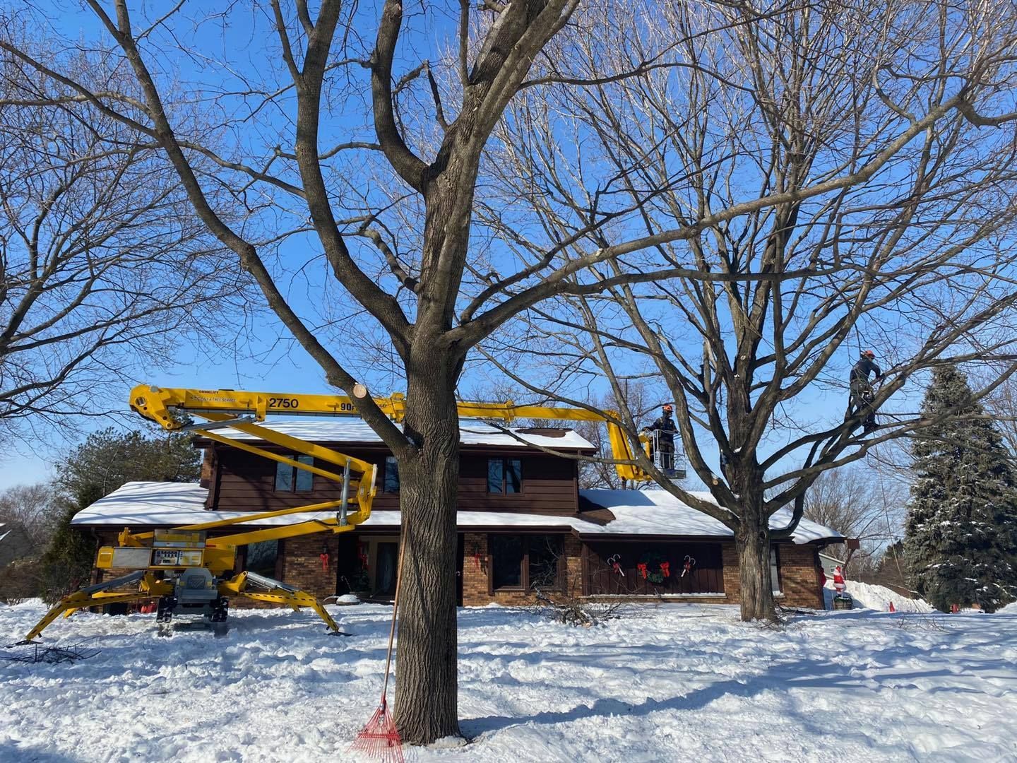 Snowy scene: two workers in aerial lifts trimming trees near a brown house.