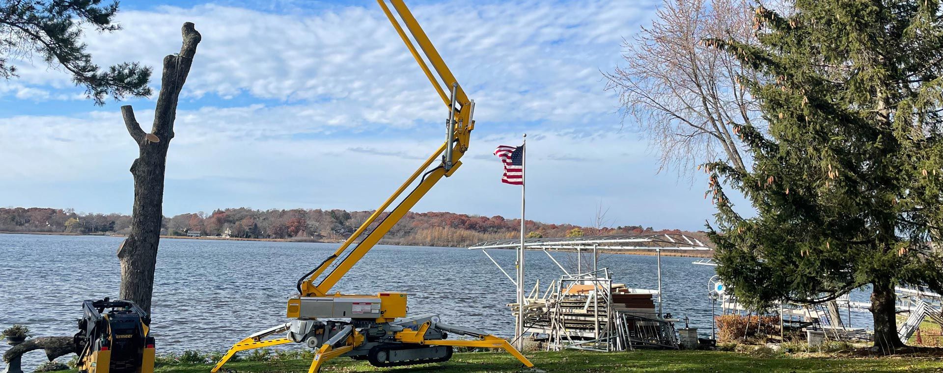 A yellow crane is cutting a tree next to a lake.