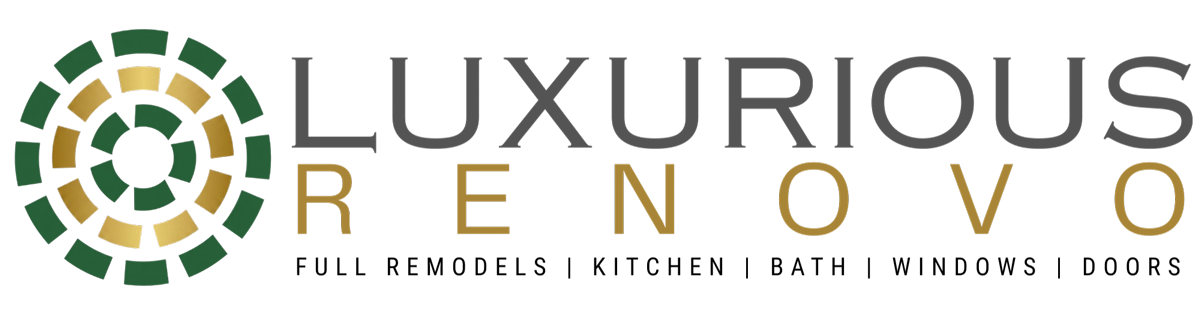 Luxurious Renovos logo with green-and-gold circular mosaic icon and home remodeling tagline