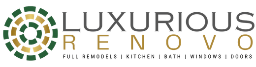 Luxurious Renovos logo with green-and-gold circular mosaic icon and home remodeling tagline