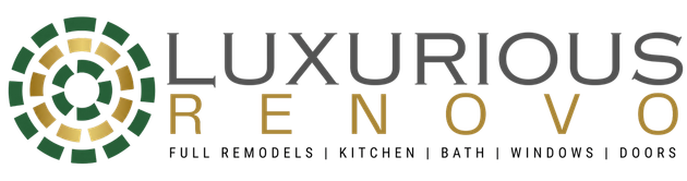 Luxurious Renovos logo with green-and-gold circular mosaic icon and home remodeling tagline