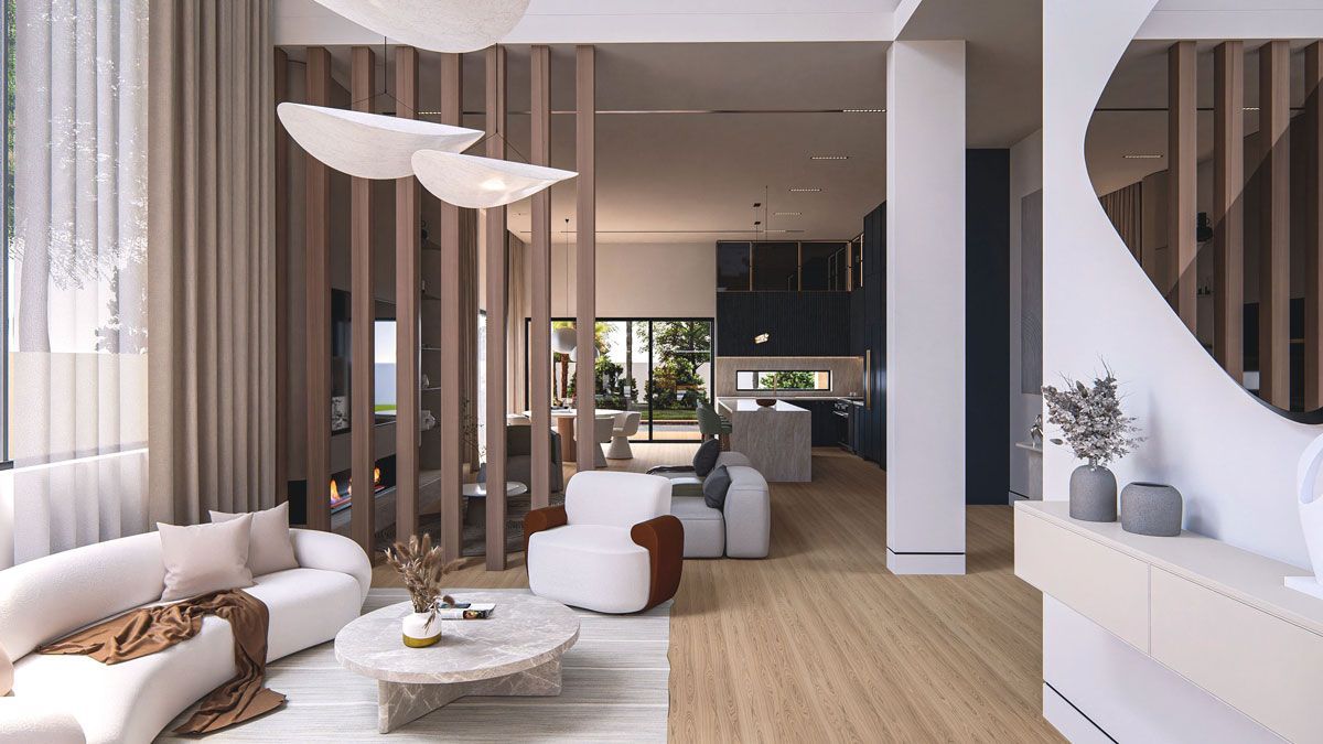 Modern minimalist living room with white sofas, wood accents, and pendant lights