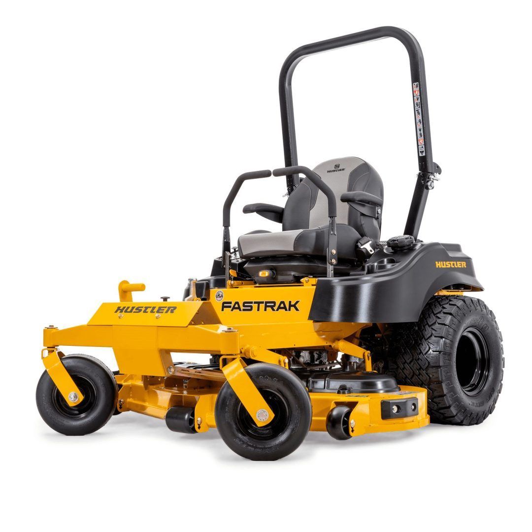 Yellow FasTrak zero-turn lawn mower on a white background