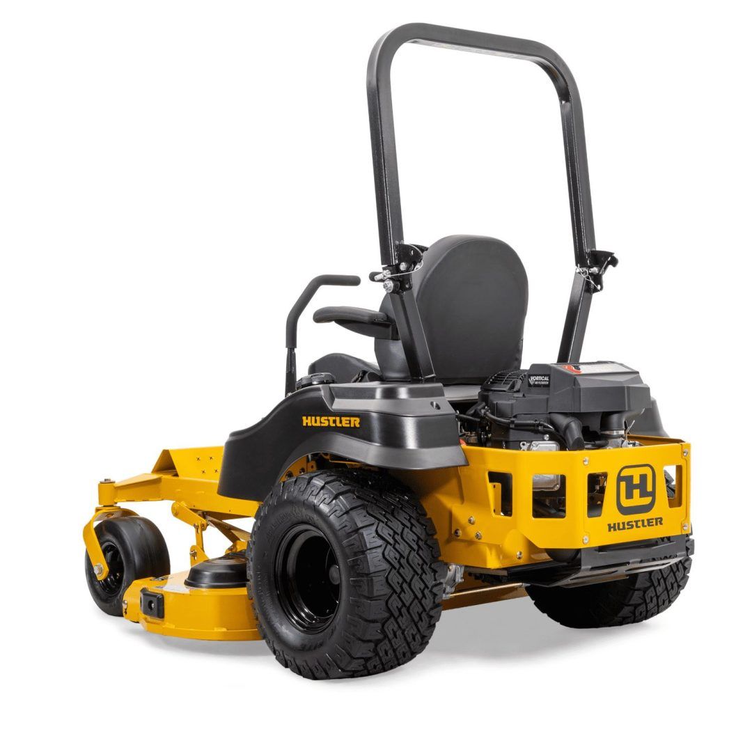 Yellow-and-black zero-turn lawn mower on a white background