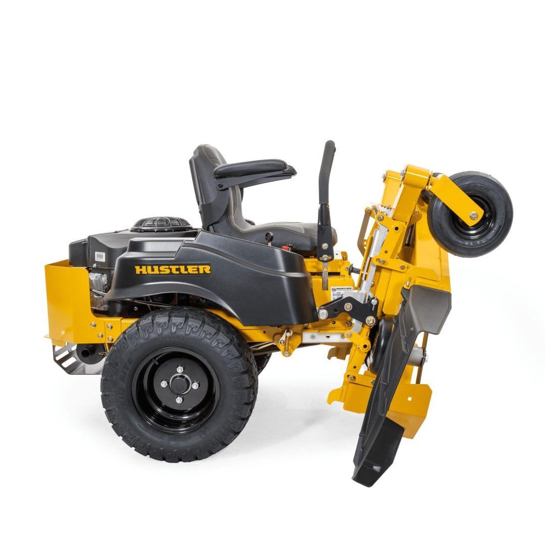 Yellow and black backhoe loader toy with front bucket and rear digging arm on white background