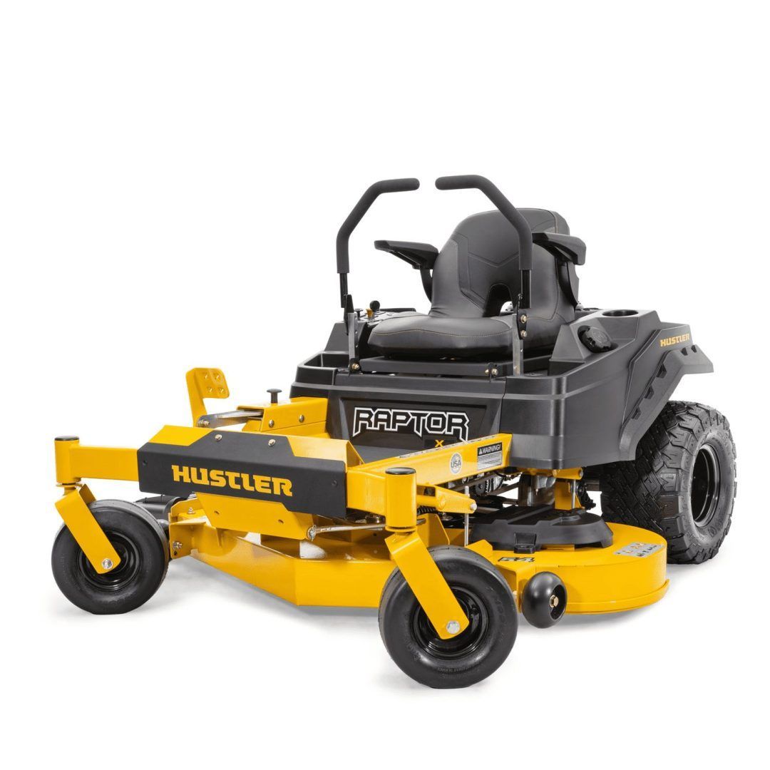 Yellow Husqvarna zero-turn mower with front-mounted deck on a white background