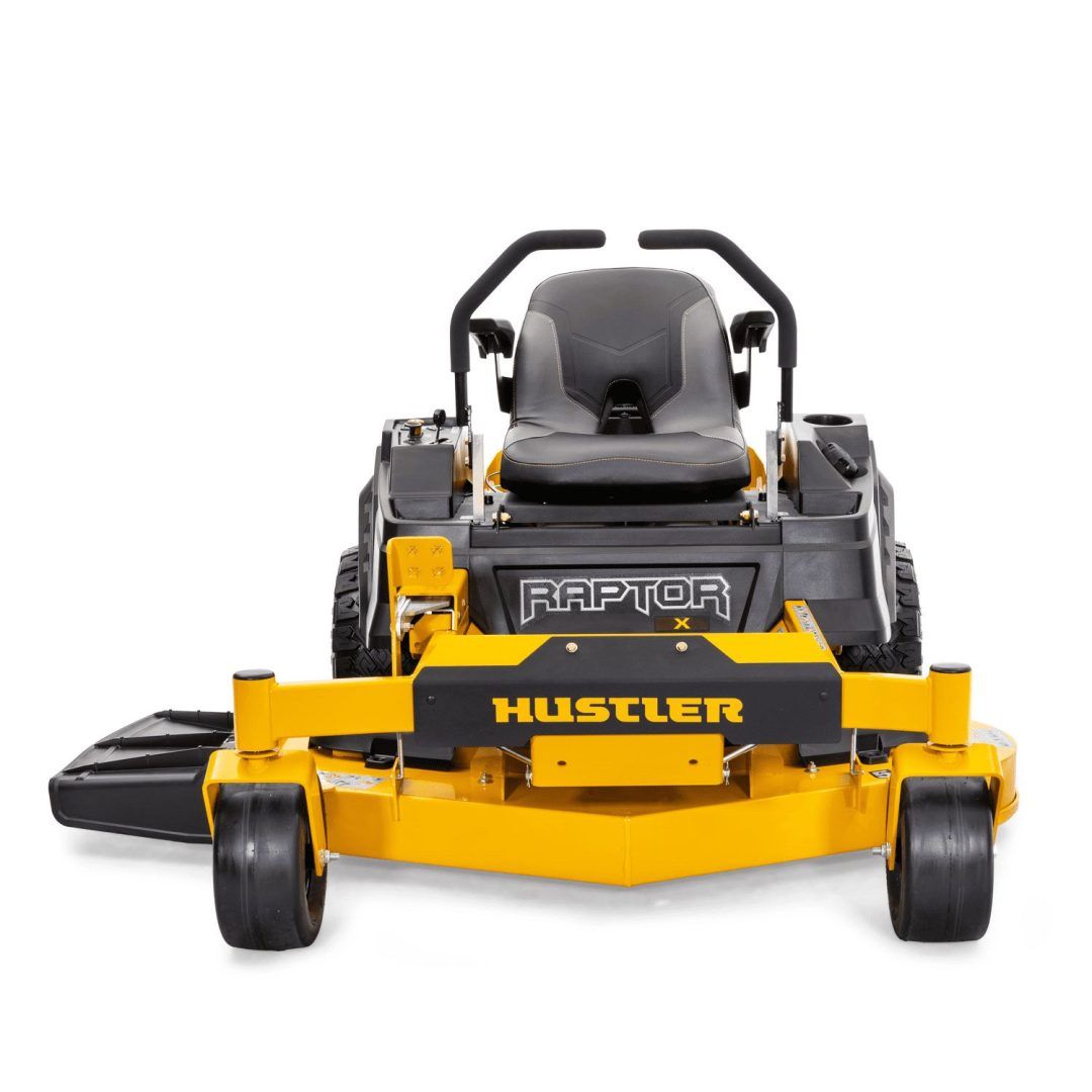 Yellow Hustler Raptor zero-turn lawn mower, front view on white background