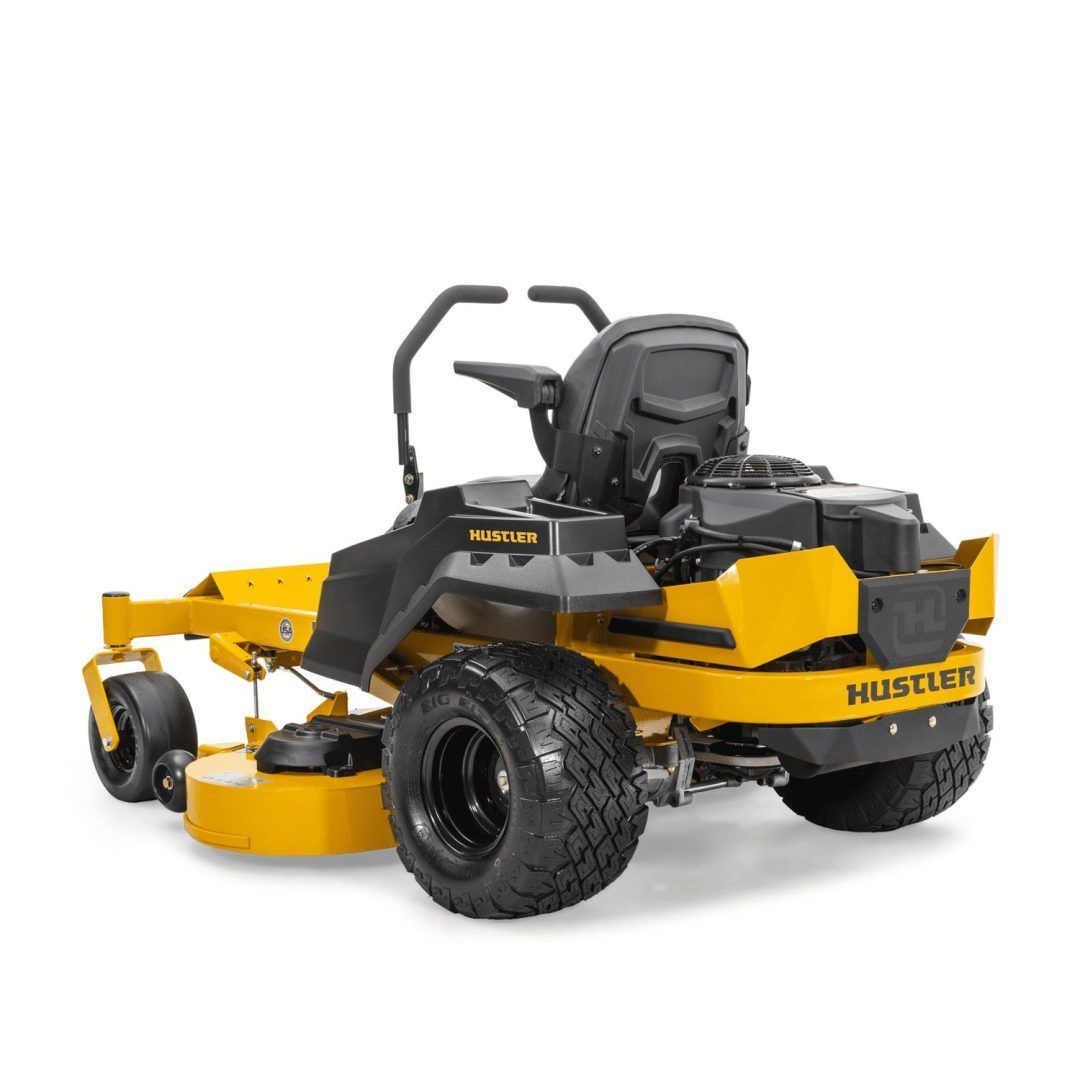 Yellow Hustler zero-turn lawn mower on a white background