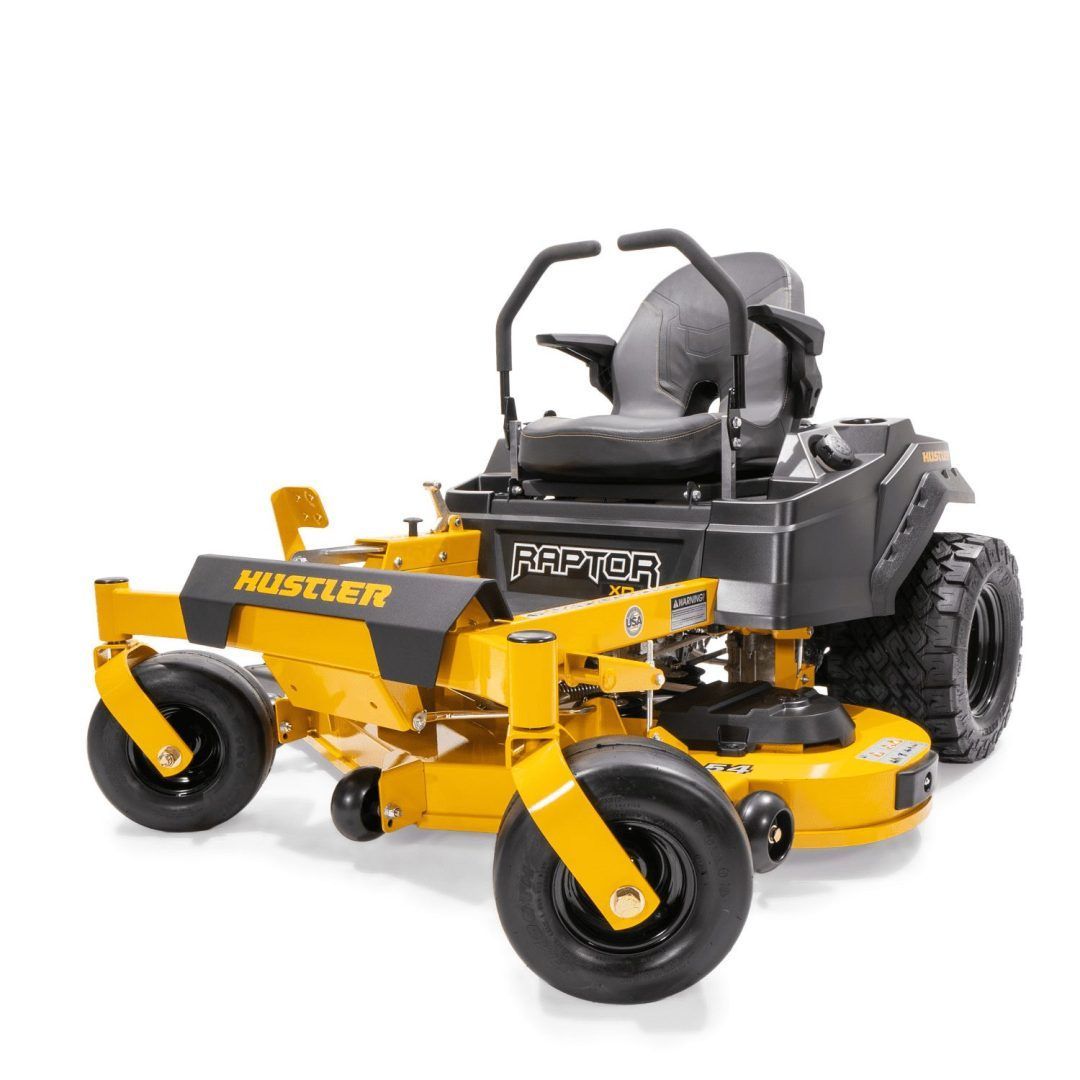 Yellow Husqvarna Raptor zero-turn lawn mower on a white background