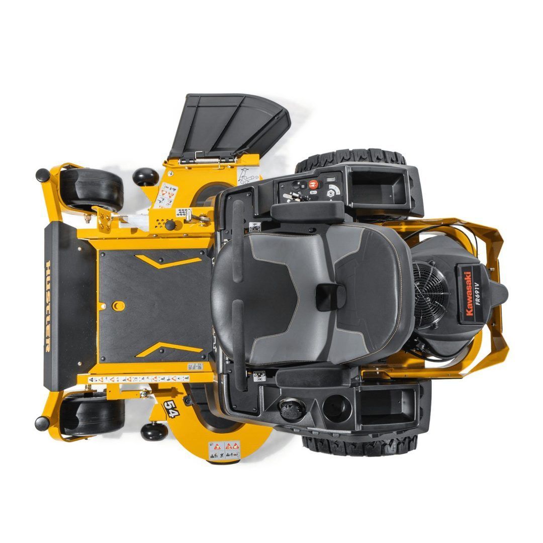 Top-down view of a yellow and black riding lawn mower on a white background