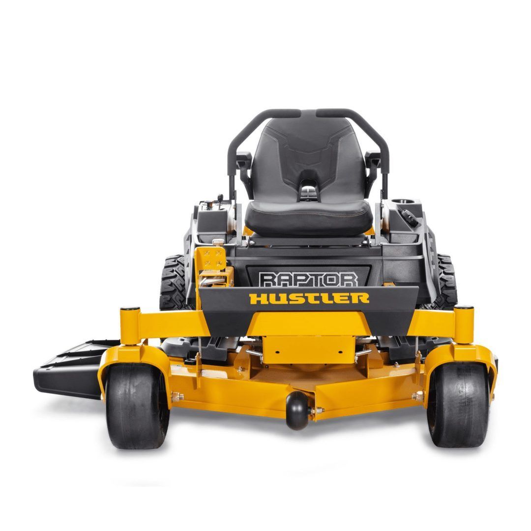 Yellow Hustler Raptor zero-turn lawn mower facing forward on a white background