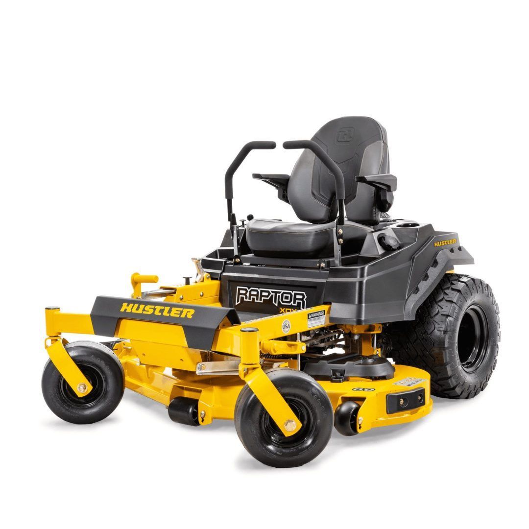 Yellow Hustler Raptor zero-turn lawn mower with black seat on white background