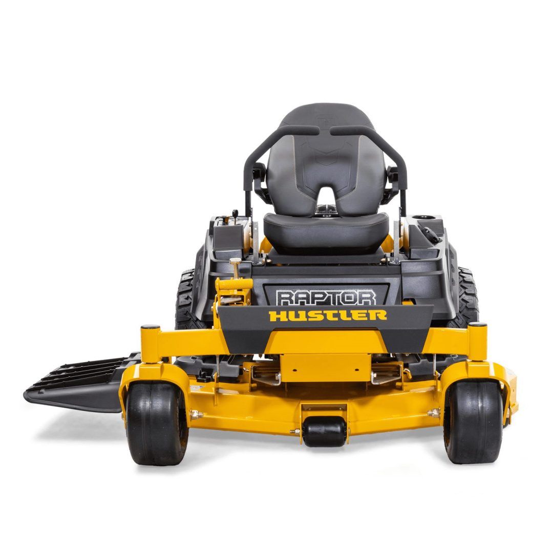 Yellow Hustler zero-turn lawn mower, front view, with gray seat and black wheels on white background