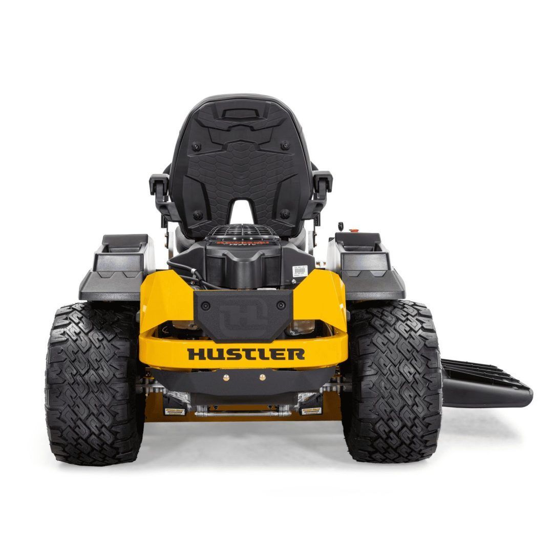 Front view of a yellow Hustler riding lawn mower with black seat and large tires on a white background