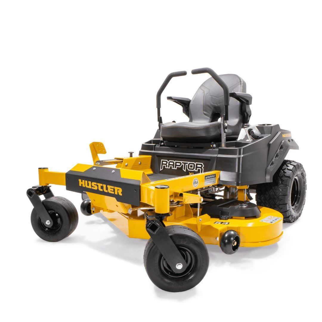 Yellow Husqvarna riding lawn mower with black seat and front caster wheels on white background
