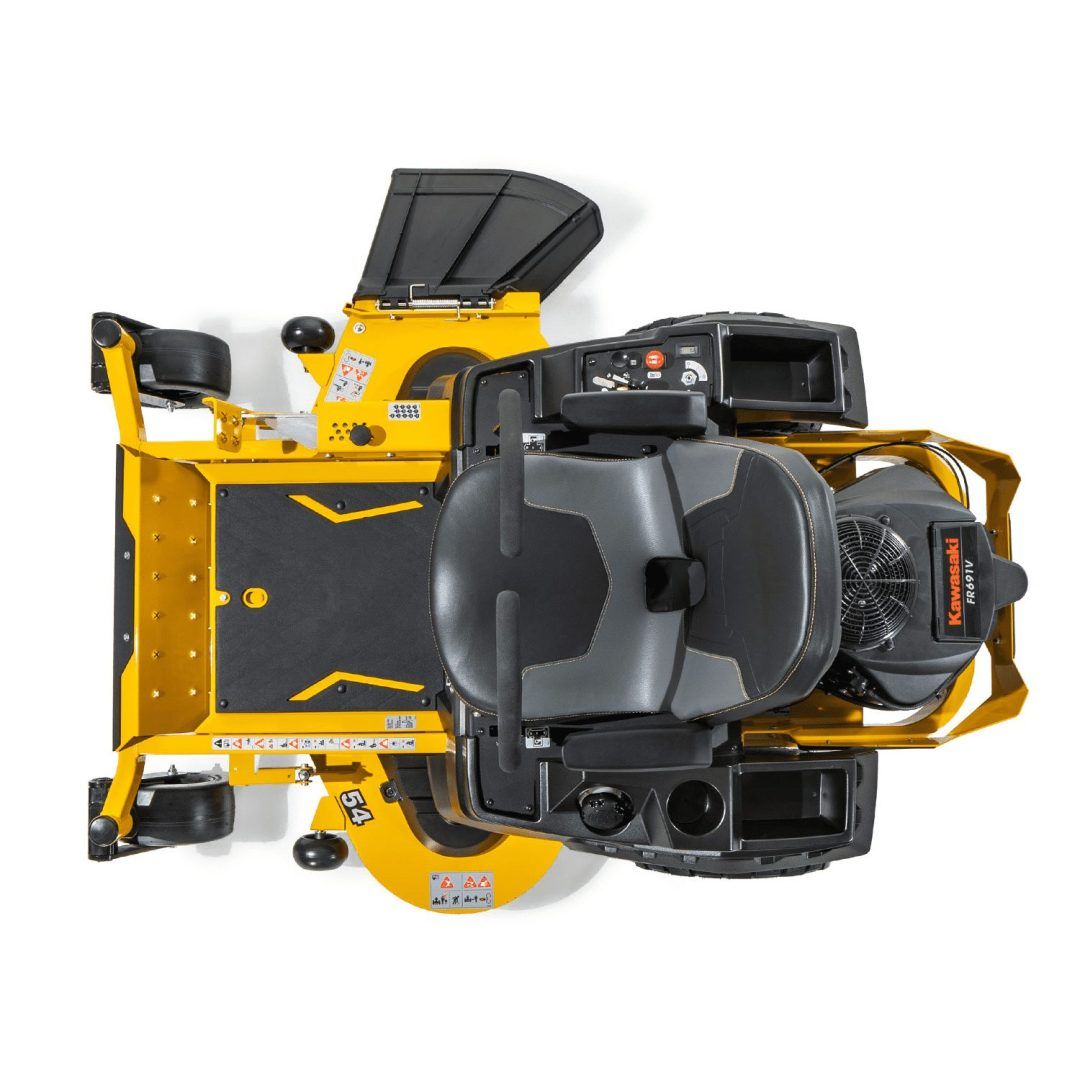 Top-down view of a yellow and black industrial machine with a large central housing and controls
