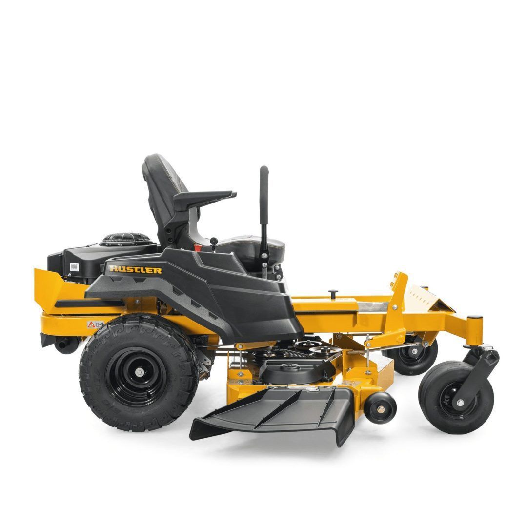 Black and yellow riding lawn mower with front mower deck, side view on white background