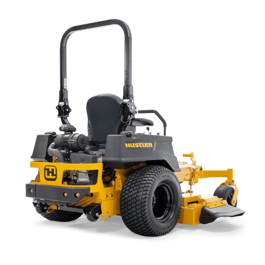 Yellow and black Hustler zero-turn mower with large rear tire and front cutting deck on white background