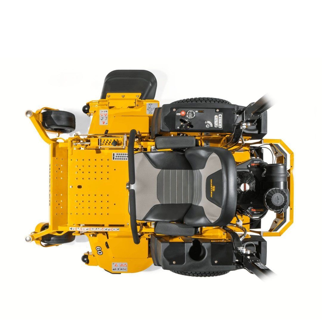 Top-down view of a yellow zero-turn lawn mower with black seats and engine