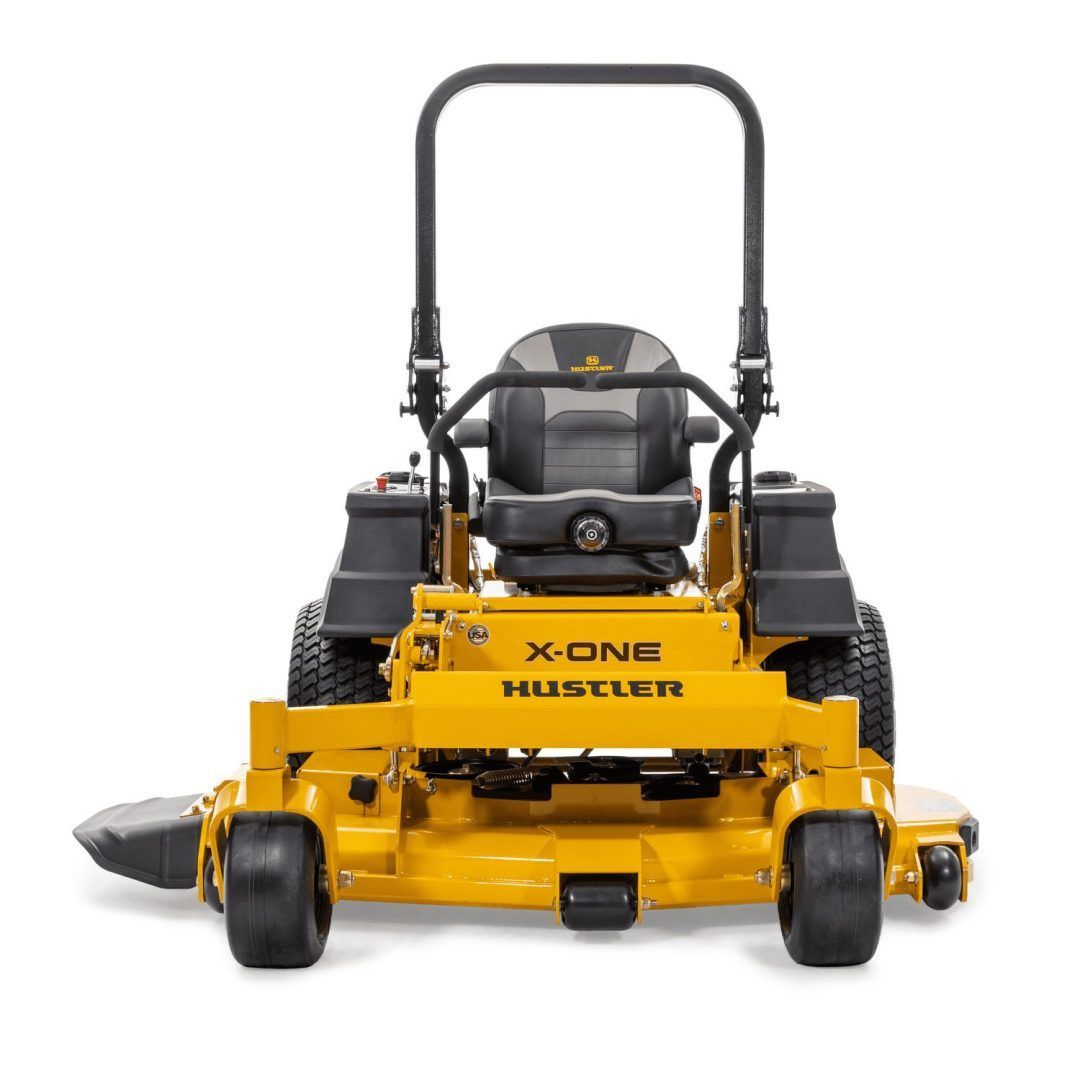 Yellow Hustler X-ONE zero-turn mower, front view, isolated on white background