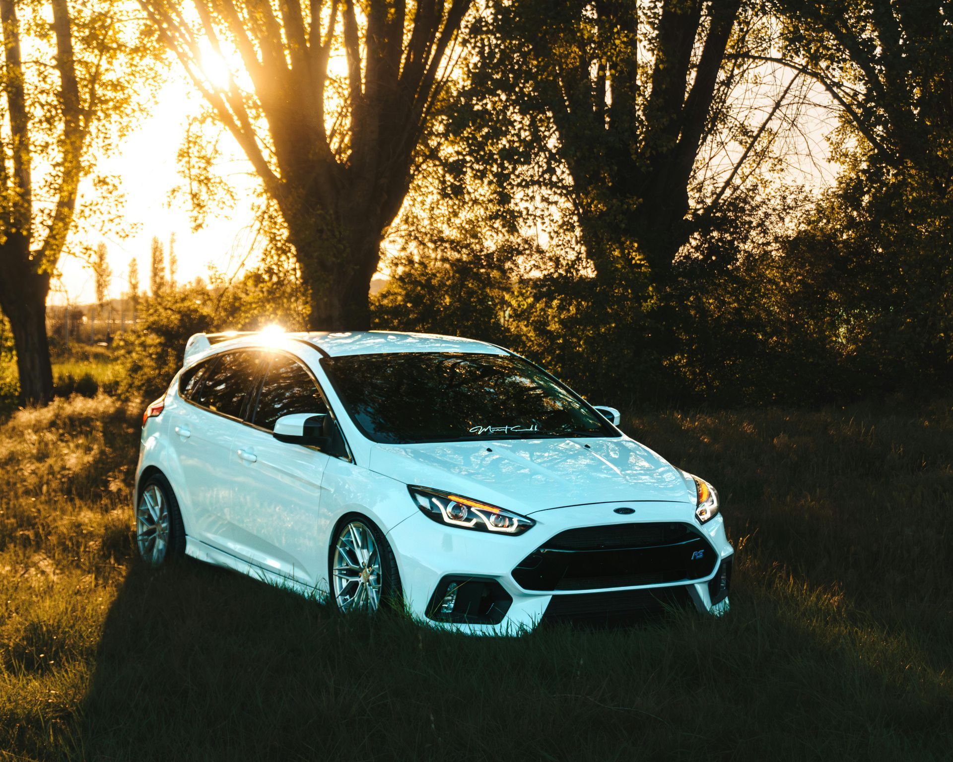 A white car is parked in a field with trees in the background